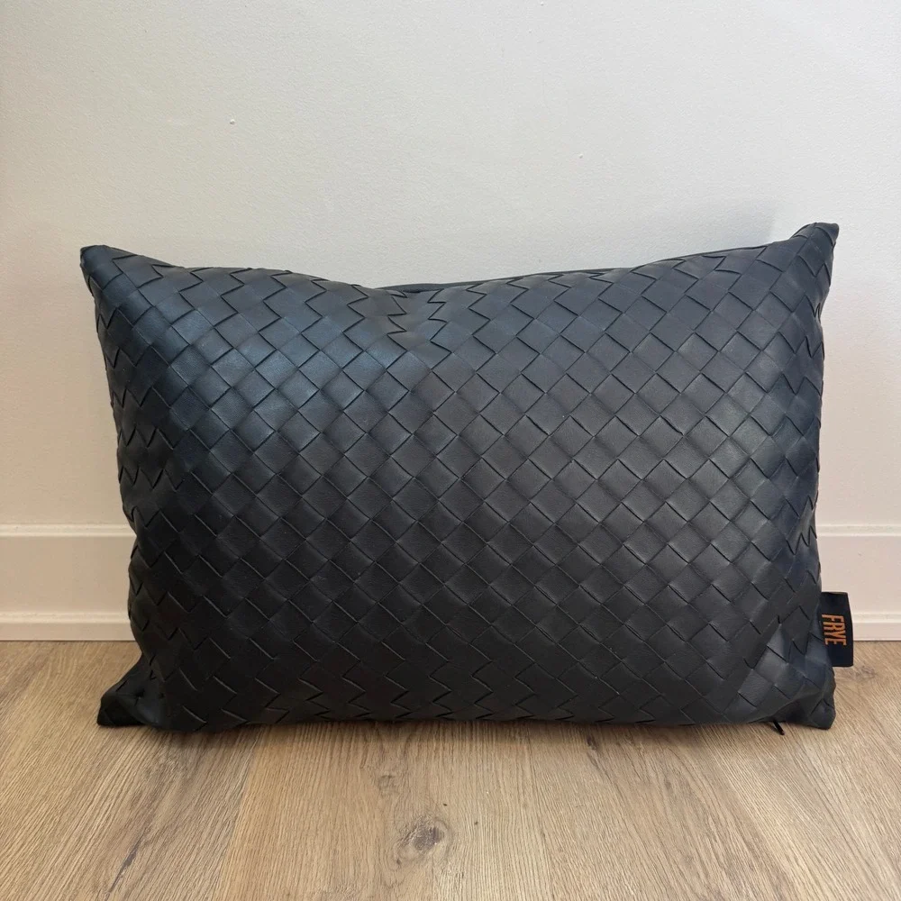 Frye Black Woven Faux Leather Decorative Throw Pillow Accent Home Decor 14